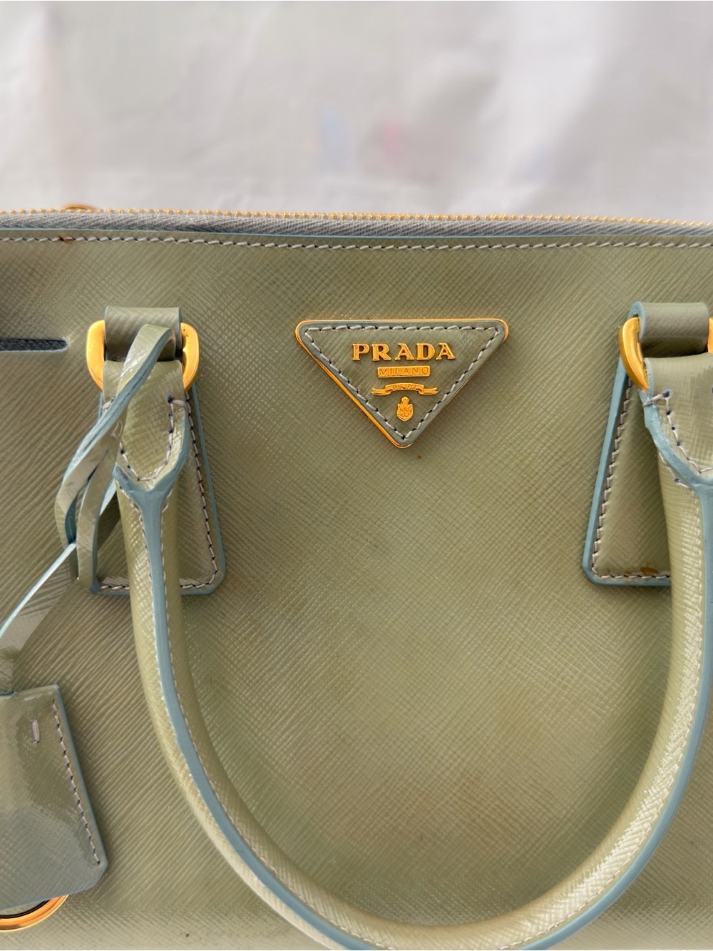 Prada Olive Green Saffiano Leather Satchel with Gold-Tone Hardware